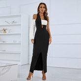 Square Collar One Sleeve Maxi Splicing Bandage Dress